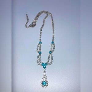 Vtg 90s Blue & White Rhinestone Drop Necklace Silver Tone Metal 15” + 2” Ext